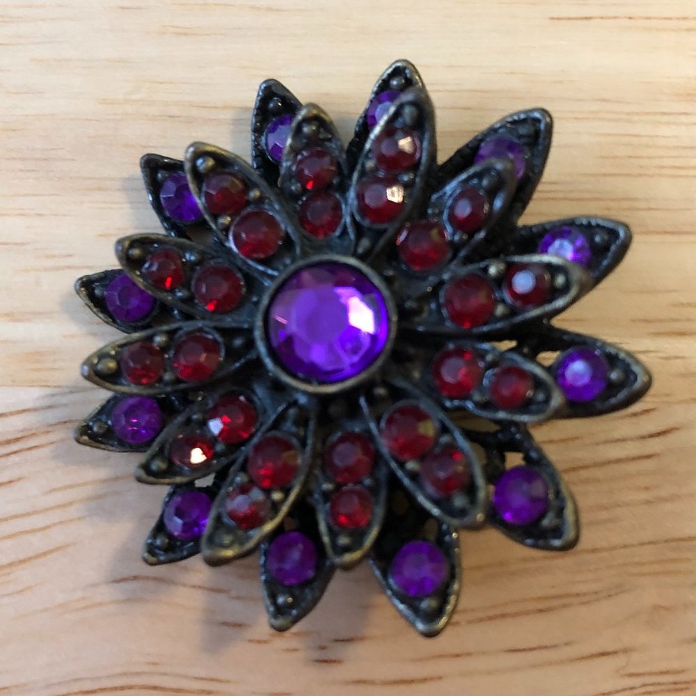 Vintage Brass Purple & Red Rhinestone Filigree Flower Brooch Pin
